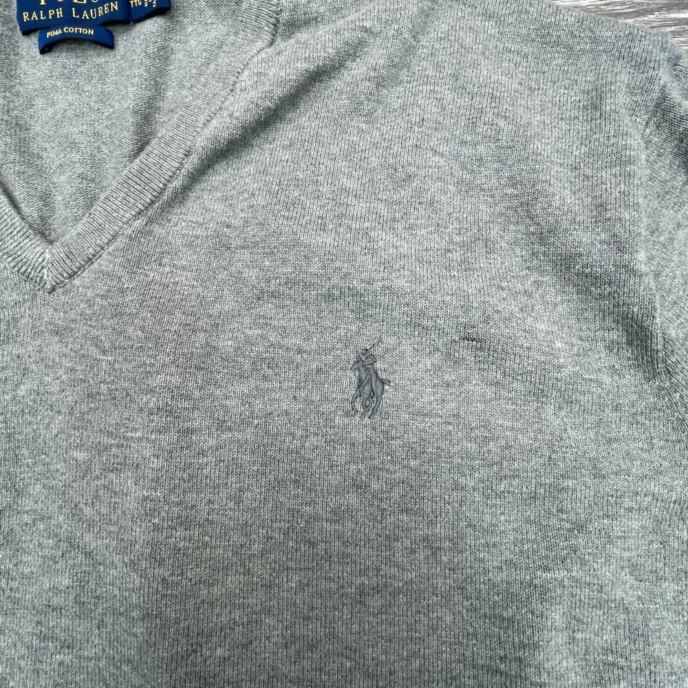 Polo Sweater Mens 2XL Gray Pony Pima Cotton Academia Minimalist V Neck Preppy